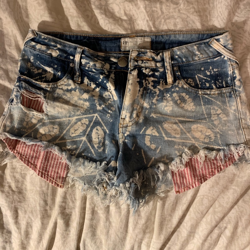 Free people red and white batik jean shorts